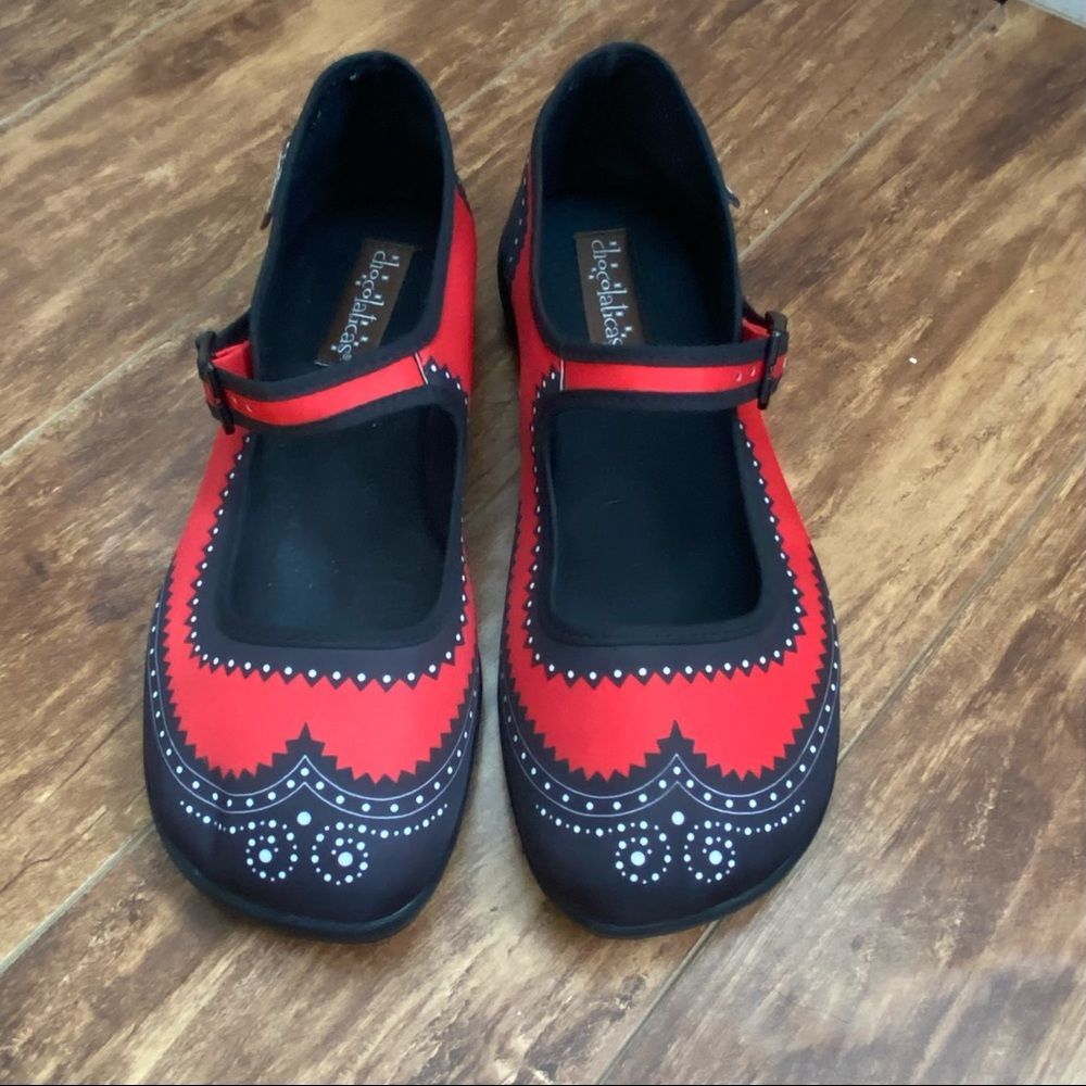 Red and Black Decorative Mary Jane Flats